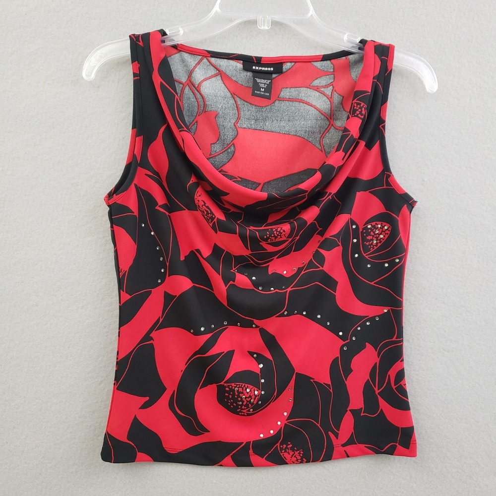 Express Women Medium Tank Top Red Black Rose Cowl‎ Neck Rhinestone Y2K 10361